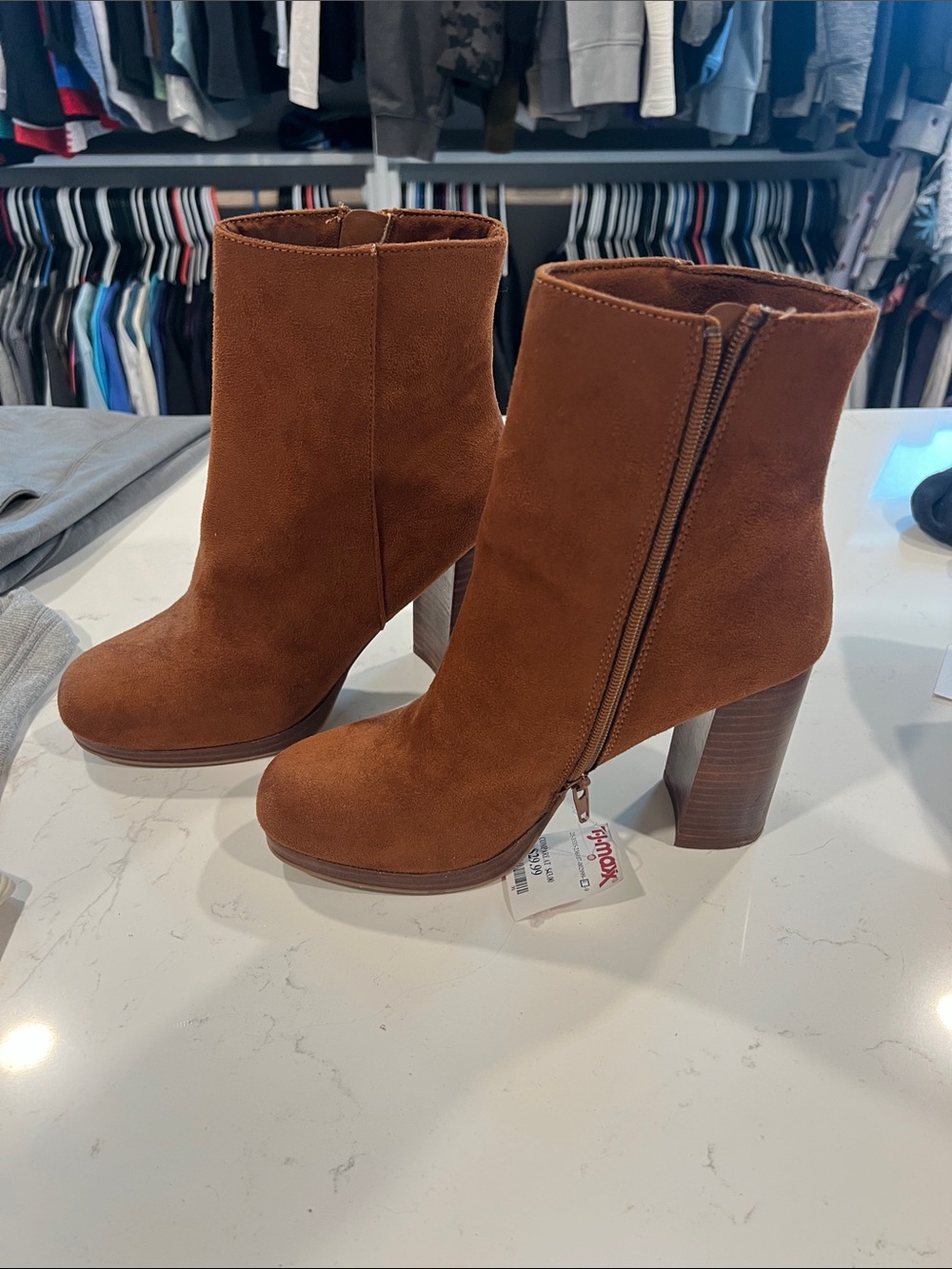Women's Suede High Heel Ankle Booties in Chestnut